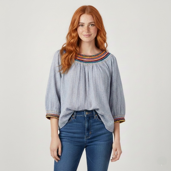 Lucky Brand Tops - Lucky Brand Blue Striped Embroidered Cotton Top XL Boho Casual Peasant Blouse